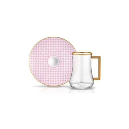 Koleksiyon Dervish Ekose Pembe 6 Kişilik 12 Parça Kulplu Çay Takımı (41445)