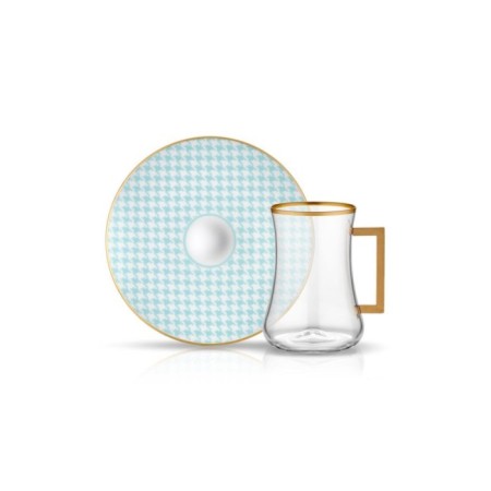 Koleksiyon Dervish Ekose Turkuaz 6 Kişilik 12 Parça Kulplu Çay Takımı (41447)