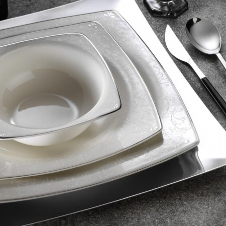 Kütahya Porselen BNMR62YT1074820 Bone Mare 12 Kişilik 62 Parça Kare Platin Yemek Takımı