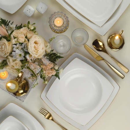 Kütahya Porselen INBNMR53YT20 Incı Bone Mare 12 Kişilik 53 Parça Kare Altın Yemek Takımı