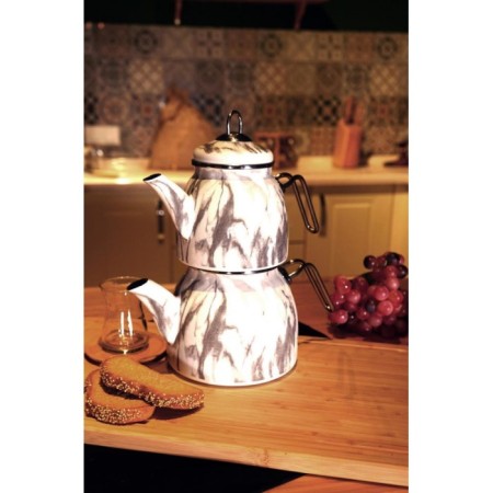 Taşev Kanuni Beyaz Mermer Desenli Çaydanlık Takımı T3942