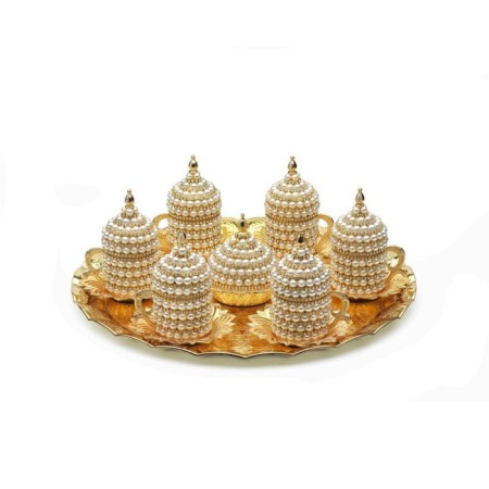 Busem Zamak İnci Taşlı Yuvarlak Tepsili 6'Lı Kahve Takımı 18-003-KITŞ6-18