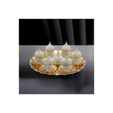 Busem Zamak İnci Taşlı Yuvarlak Tepsili 6'Lı Kahve Takımı 18-003-KITŞ6-18