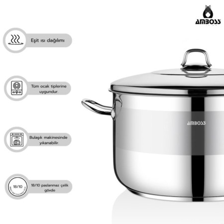 Amboss Saphire 32 Cm Derin Çelik Tencere Çelik Kapaklı SAP-2124