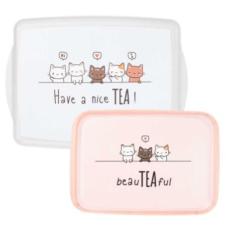 Tantitoni Melamin Kedi Desenli 2'Li Dikdörtgen Kaydırmaz Tepsi NORA2019KEDİSET2