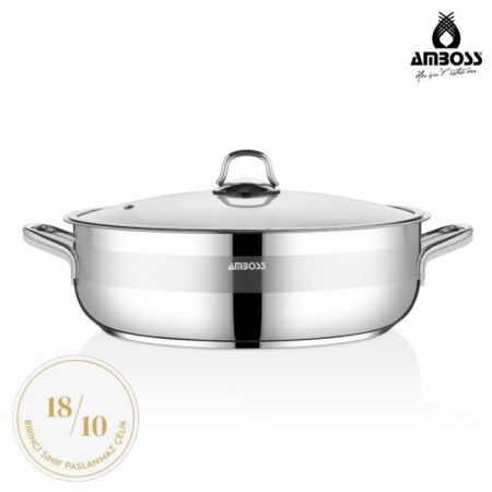 Amboss Saphire 32 Cm Basık Çelik Tencere Cam Kapaklı SAP-2841
