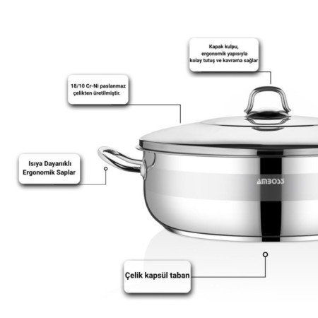 Amboss Saphire 32 Cm Basık Çelik Tencere Çelik Kapaklı SAP-2117