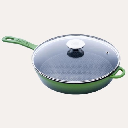 Sürel Mat Emayeli Degrade Koyu Yeşil 28 Cm Yuvarlak Cam Kapaklı Döküm Tava