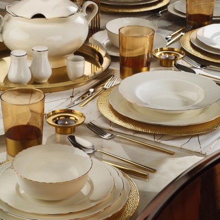 Kütahya Porselen BNOLY71YT120 Bone Olympos 12 Kişilik 71 Parça Ara Servisli Yuvarlak Bakır Yemek Takımı