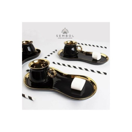 Sembol Oval Tabaklıi Siyah Gold 6 Kişilik 12 Parça Kahve Fincan Takımı HAREM-350