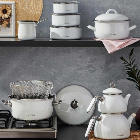 Neva Lilyum Emaye Kobinim Set (Çaydanlık-Tencere-Kızartma Tenceresi-Saklama Kabı-Cezve) N3080