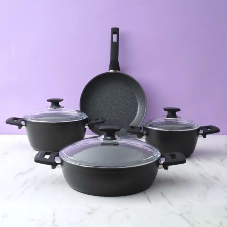 Hisar Nova Pro Bakalit Kulp 7 Parça Tencere Seti Siyah