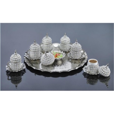 Busem Zamak İnci Taşlı Yuvarlak Tepsili 6'Lı Kahve Takımı 18-003-KITŞ6-11