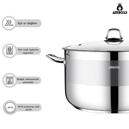 Amboss Saphire 34 Cm Derin Çelik Tencere Cam Kapaklı SAP-2810