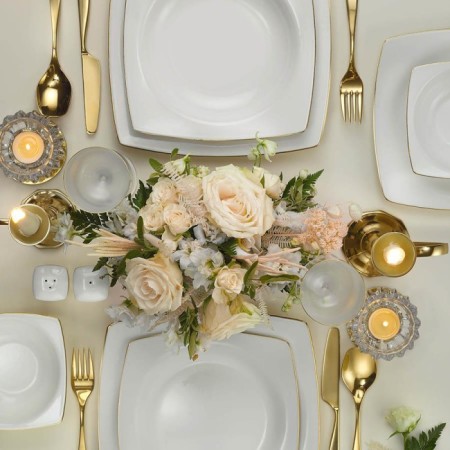 Kütahya Porselen INBNMR53YT20 Incı Bone Mare 12 Kişilik 53 Parça Kare Altın Yemek Takımı