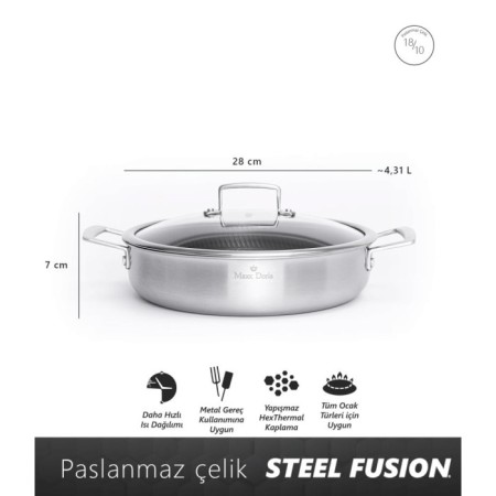 Maxx Doria Steel Fusion 28 Cm Kısa Tencere PA3022