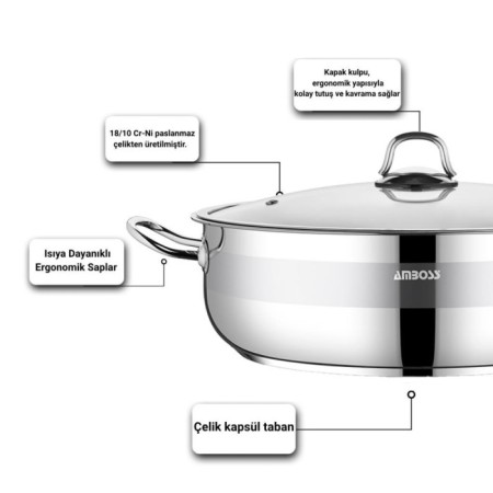 Amboss Saphire 32 Cm Basık Çelik Tencere Cam Kapaklı SAP-2841
