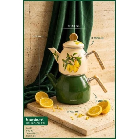Bambum Unique Bambu Kulplu Emaye Çaydanlık Takımı Limon B7751