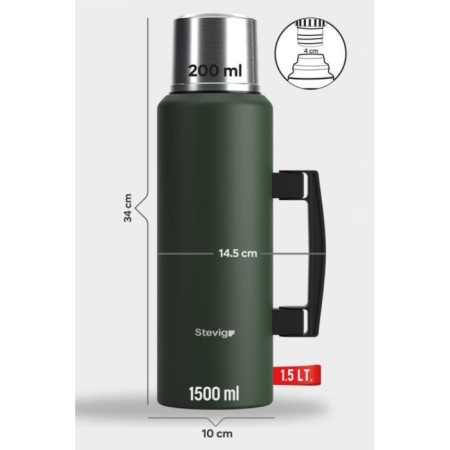Stevıg 4 Camp Klasik Vakumlu Kulplu Çelik Termos 1,5 Lt Green ST-206