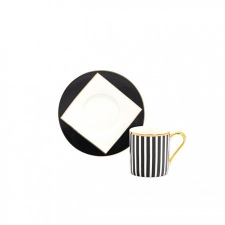 Parlak Siyah Beyaz Çizgili 6 Kişilik 12 Parça Kahve Fincan Takımı HARLEM-60